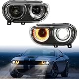 POKIAUTO LED Headlights for Dodge Challenger 2008-2014 Accessories, Full LED Projector Head Lamp with Halo White DRL HI/LO Beam Amber Turn Signal, Plug-and-play, Bulbs Included, 2PCS