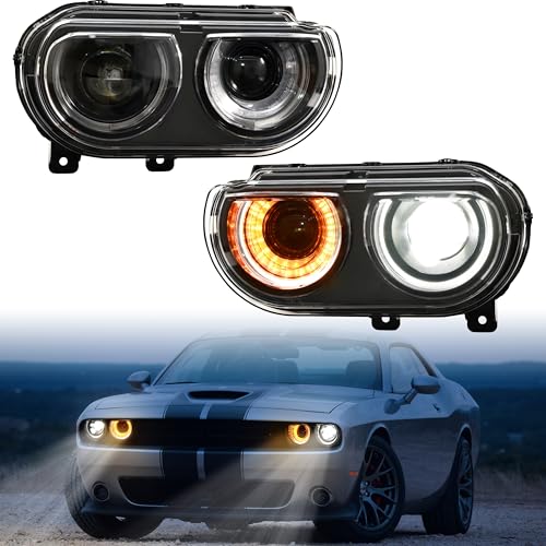 POKIAUTO LED Headlights for Dodge Challenger 2008-2014 Accessories Full LED Projector Head Lamp with Halo White DRL HI/LO Beam Amber Turn Signal Plug-and-play Bulbs Included 2PCS