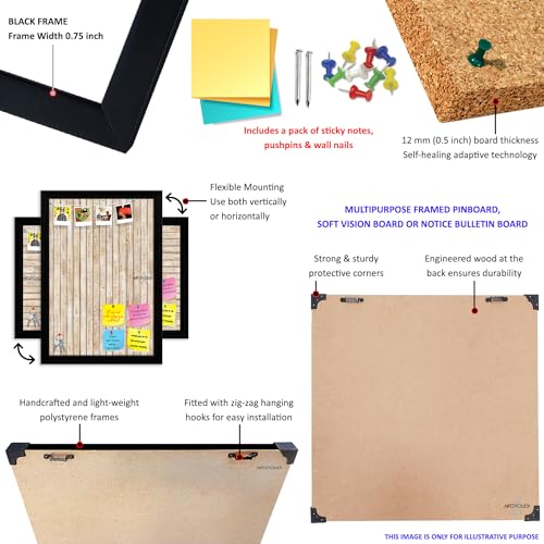 Image of ArtzFolio Cork Board | Bulletin Board Notice Pin Board | Vision Soft Board Combo with Thumb Push Pins & Sticky Notes | Black Frame | 18 x 12 inch (46 x 30 cms)