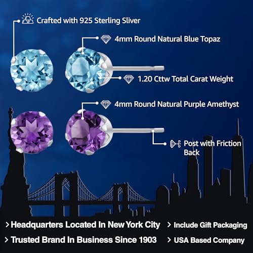 Gem Stone King 925 Sterling Silver 4MM Purple Amethyst and Blue Topaz Stud Earrings For Women Men Set of 22