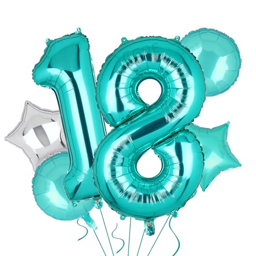 Image of Teal Blue Number 18 Balloons 40 Inch 18th Birthday Mermaid Theme 5 Pcs | Big Helium Mylar Digital Balloon Anniversary Wedding Party Decor Supplies