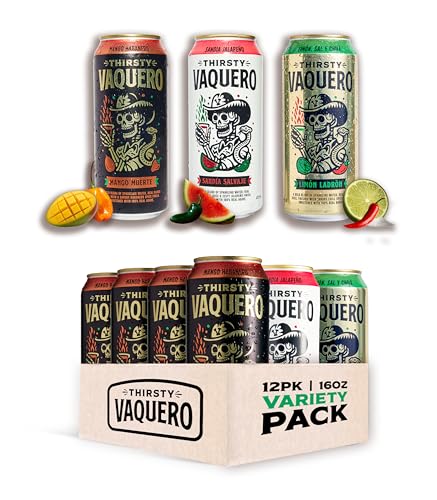 Image of Thirsty Vaquero, Variety Pack, Mexican-inspired soda, Real Fruit Juice & Savory Spices, Organic Agave, Low Calorie | Lime, Salt & Chile, Watermelon Jalapeno, Mango Habanero (12-Pack | 16Oz Cans)