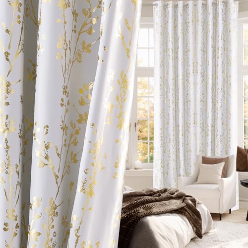 NICETOWN Gold Foil Printed Floral Curtains 100% Blackout Grommet Branch Pattern Gold Foil Printed Window Treatments Thermal Drapes for Bedroom Greyish White W52 x L96 2 Panels