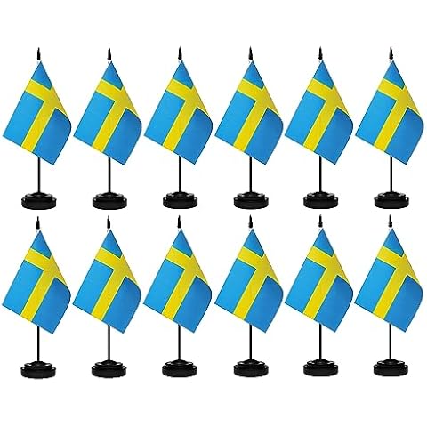 Sweden Flags Swedish Small Mini Desk Flags Set Small Mini Sweden Flags Table Flag with 13" Black Pole, Black Base and Spear Top, Miniature Swedish Deluxe Desktop Flag, Home Decoration, Office Cover