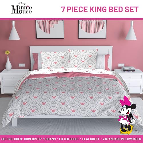Image of Disney Minnie Mouse King Comforter Set 7 Piece Bedding for Girls, Grey | Bed in a Bag, Comforter Sheets Shams Pillowcases, Official Product, Soft Microfiber, Machine Washable, Girls Gift