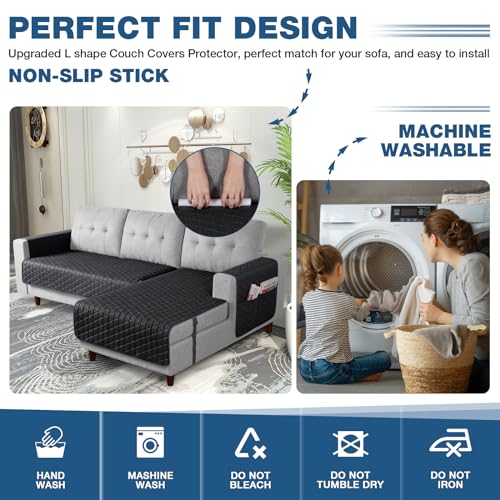 Image of TAOCOCO Sectional Couch Covers 100% Waterproof L Shaped Sofa Covers for Right Hand Facing Chaise Lounge, 2 Pieces Couch Cover L Shape Furniture Protector Slipcover for Pets Kids, Small /Black