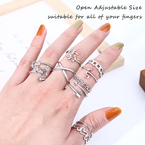 CASSIECA 20 Stücke Silber Ringe Set Verstellbare Finger Ringe Offene Knoten Verschiedene Stapelbare Gelenkschwanz Strand Schmetterlings Herz Schmuck für Frauen Mädchen