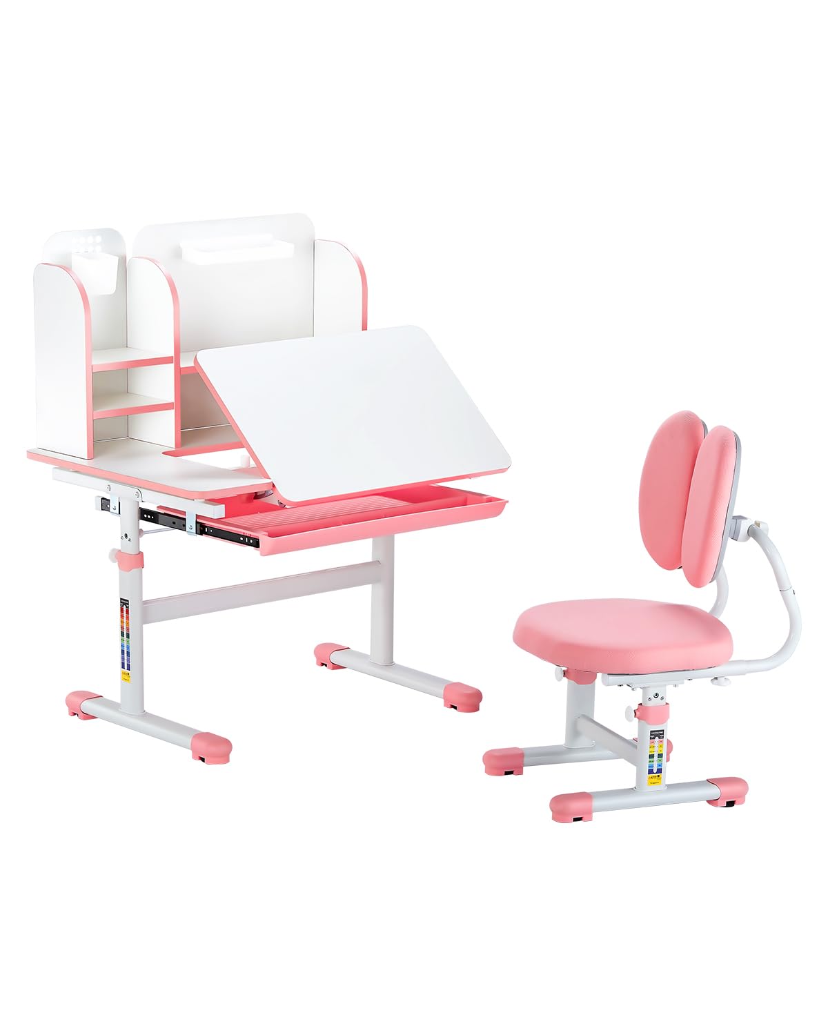 VEVOR Kids Desk and Chair Set, Study Desk and Chair for Kids with Bookshelf & Storage Drawer, Adjustable Height & 0-40° Tilted Desktop Desk and Chair, Study Table for Bedroom & Study Room, Pink
