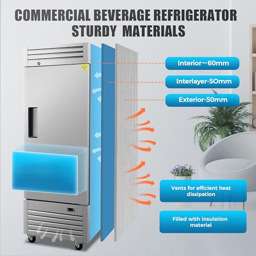 Image of Commercial Upright Reach-in Refrigerator, ETL 1 Door Fridge Cooler Merchandiser, 27.5 inch W 17.7 cu. ft. Auto-Defrost, Stainless Steel Restaurant Kitchen AKR-06881