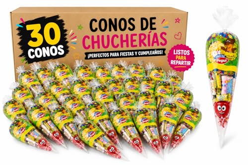 Conos de Chucherías para Cumpleaños – Pack de 30 Conos Surtidos con Gusanitos, Fizz Roll, Piruleta, Escalofríos, Nube y Caramelo de Frutas | Bolsas de Chuches para Fiestas Infantiles, Piñatas