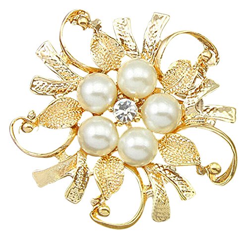 SANWOOD Flower Brooch Pin Rhinestone Crystal Faux Pearl Bouquet Bridal Wedding broach Jewelry (Gold)