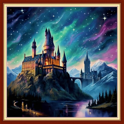 Image of Foxdiviy Stamped Cross Stitch Kits for Beginners Full Range of Cross Stitching 11 CT Printed Cross Stitch Kits for Adults Cross Stitch Patterns Needlepoint Kits-Magic Castle 18x18 inch