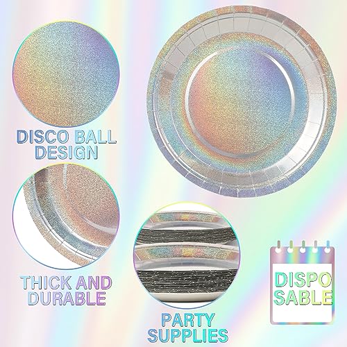 Image of 96 Pcs Iridescent Birthday Tableware Set Iridescent Party Supplies Decorations Holographic Foil Paper Plates and Napkins for Bachelorette Wedding Y2K Disco 24 Guest Birthday Party Favor