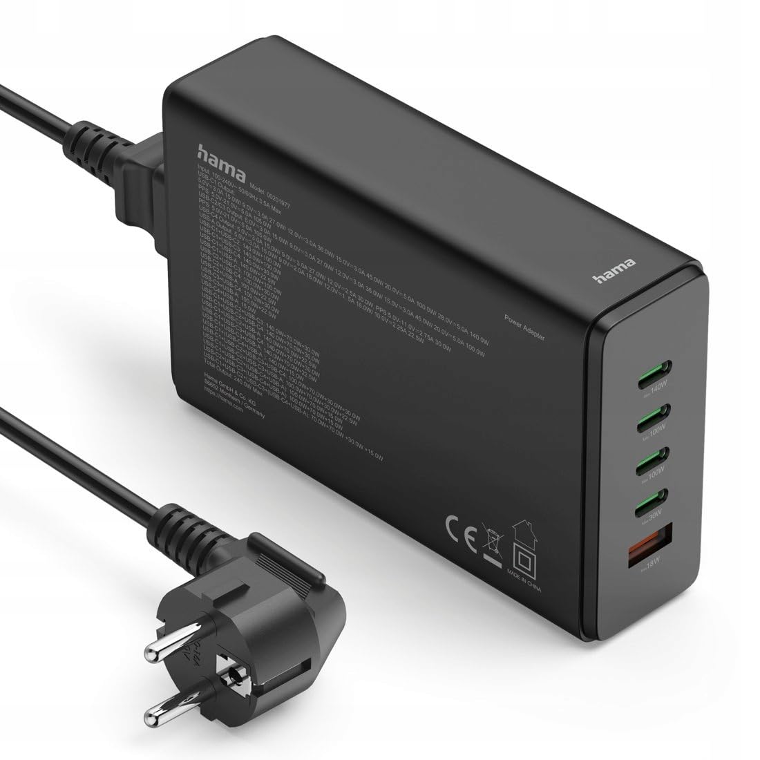 Hama Chargeur USB 240W GaN, 5 Ports, 4X USB-C et 1x USB-A, Charge Rapide Sécurisée, PD + QC 3.0, Détection Auto, Station de Charge Secteur Multiports 5 en 1, Préserve la Batterie, Câble 1.5m, Noir