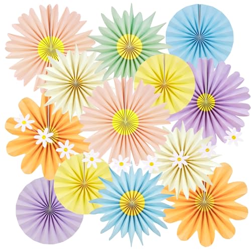 Paper Jazz 12pcs Pastel Paper Flower Decorations - Daisy Paper Fan Backdrop for Birthday Party, Baby Shower, Wedding, Spring & Summer Events,Spring Hanging Flower for Classroom Garden