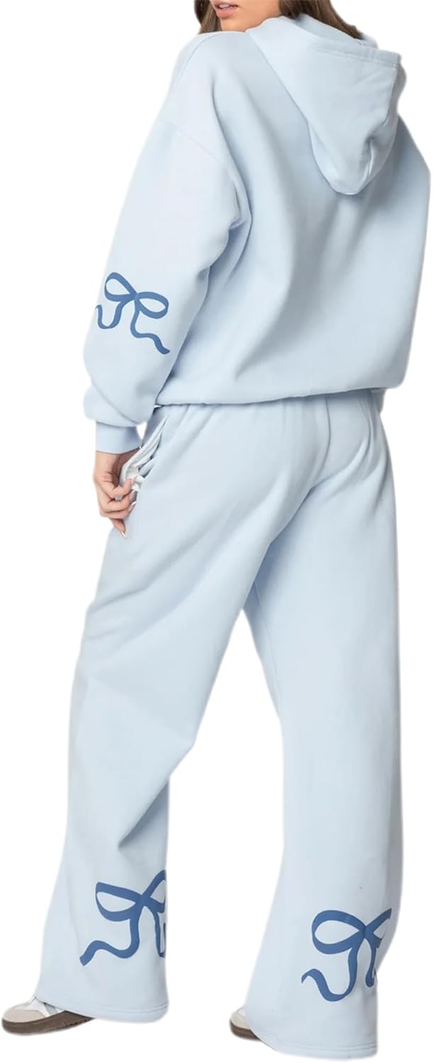 Women Bow Print Sweat Set Long Sleeve Oversized Hoodie Wide Leg Sweatpants 2 Piece Outfits Matching Tracksuit