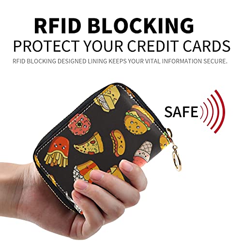 Fast Junk Food Hamburger French Fries Ice Cream Faces On BlackGrey Credit Card Coin wallet, RFID Blocking Compact Women Leather Card Holder, Key Change Organizer, Zipper Purse Clutch Pouch Pocket2