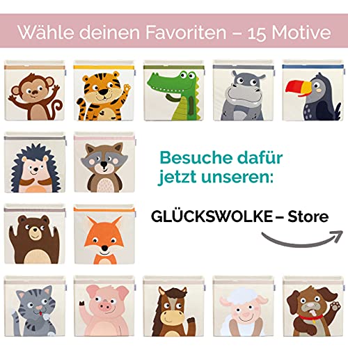 GLÜCKSWOLKE Kinder Aufbewahrungsbox - 15 Motive I Spielzeugkiste mit Deckel für Kinderzimmer I Spielzeug Boxen (33x33x33) zur Aufbewahrung im Kallax Regal I Waldtiere Motiv Waschbär