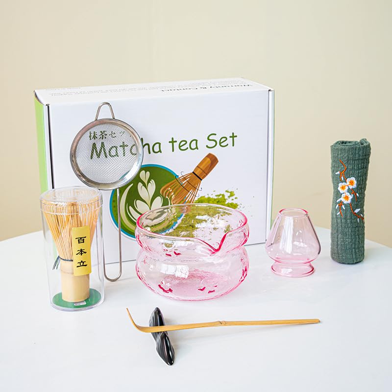 GKXLH Set di 7 fruste in vetro per Matcha, kit per gli amanti del matcha, il set da tè Matcha include una ciotola, una frusta e un supporto, paletta in bambù, poggiapolina, setaccio e strofinaccio