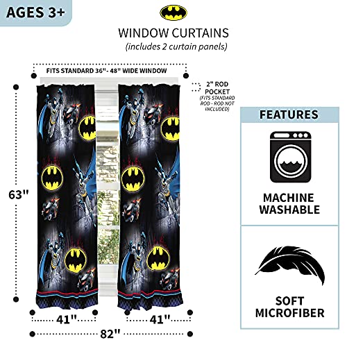 Franco Kids Room Window Curtain Panels Drapes Set, 82 in x 63 in, Batman
