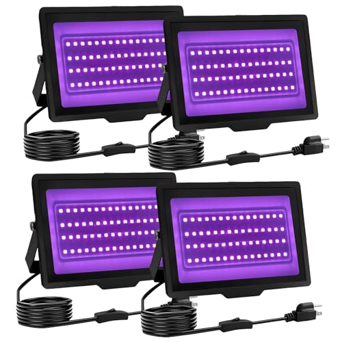 uwiner - Paquete de 4 luces LED negras de 40 W, resistente al agua, luz negra con enchufe e interruptor, luz de inundación para fiestas brillantes, decoración de Halloween, pintura corporal, póster