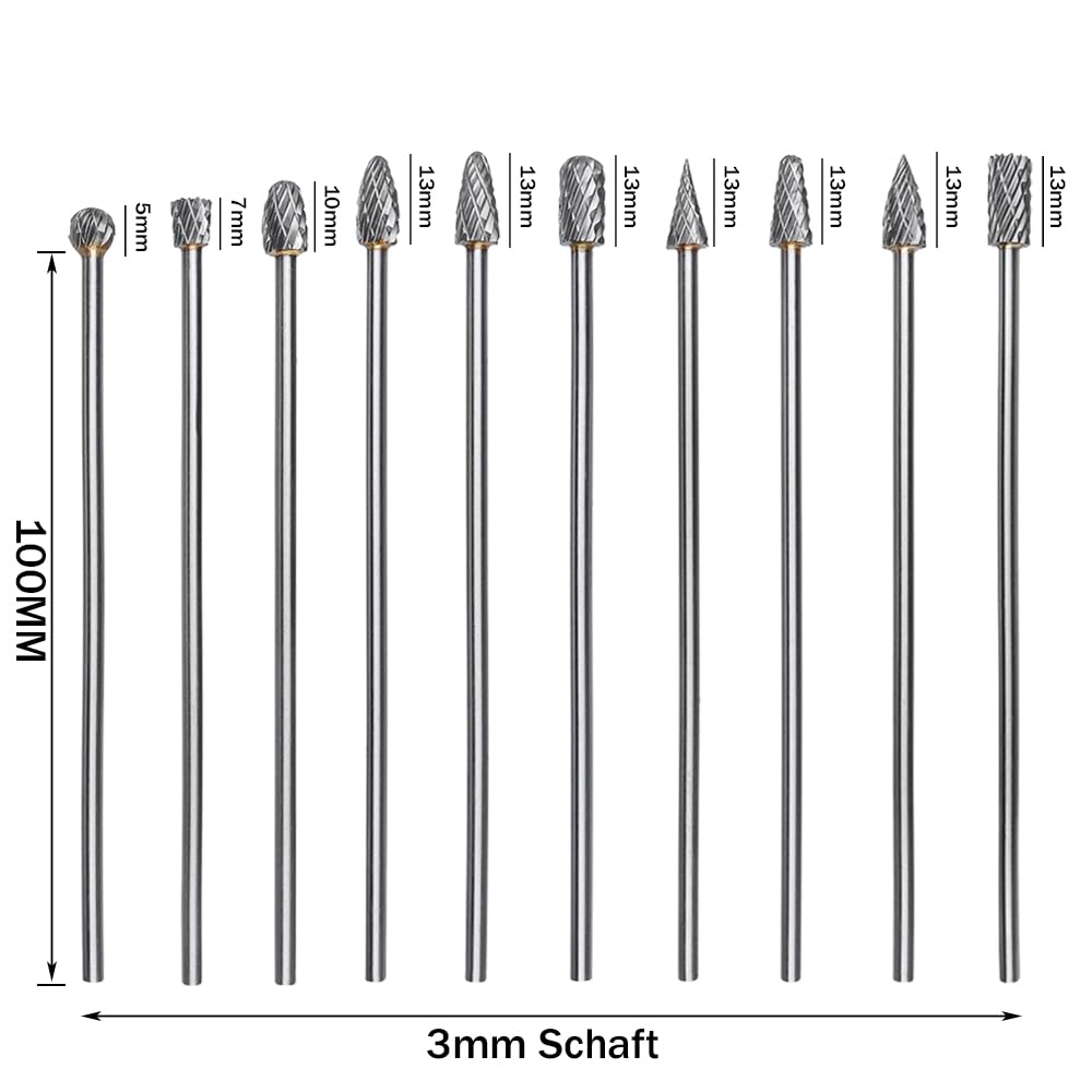 Treki 10 Stück 100mm Lang Hartmetall Frässtifte mit 3mm Schaft Wolframcarbid Fräser Fräsaufsatz für Akkuschrauber, Lang Hartmetallfräser Metallfräser Holzschnitzerei Bohrer Set für Holzarbeitung