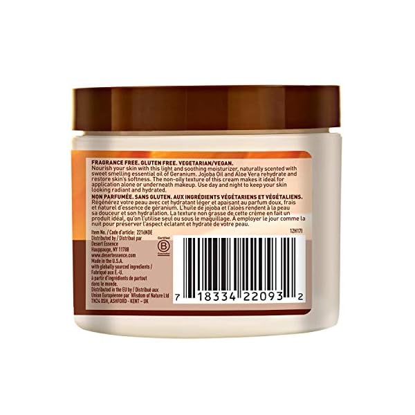 Desert Essence Daily Essential Moisturizer - Nourishing Jojoba, Organic Aloe Vera, Safflower & Geranium Oil - Light-Weight Soothing, Softening Facial Cream - Vegan, Non-GMO, Sulfate & SLS Free - 4oz