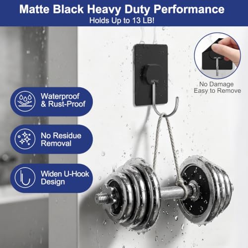 Image of Adhesive Wall Hooks No Drill Large Black Heavy Duty,13LB Sticky 12 Pack | Large Waterproof Black Sticky Hooks for Hanging,13lbs Max Load No Damage, Ideal for Towel,Coat,Bathroom,Kitchen,Home