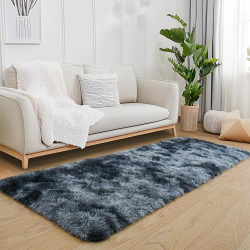 KING DARE Bedroom Rug Runner Bedside 2x6, Washable Shag Fluffy Area Rug Non-Slip Soft Carpet for Dorm Hallways Entryway Kids Room, Modern Home Decor Aesthetic, Blue and Grey