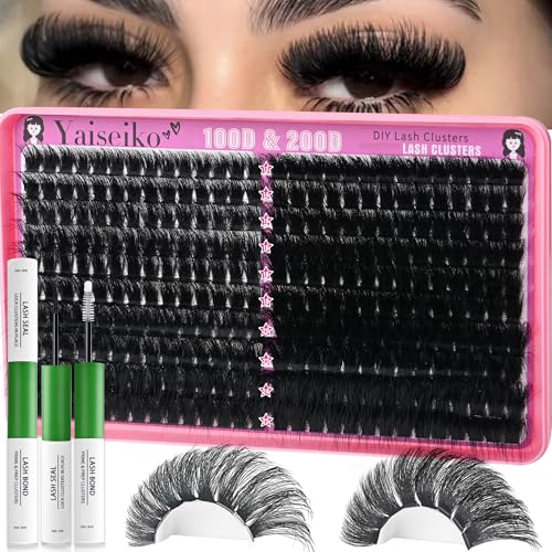 Yaiseiko Lash Clusters Kit 100D+200D Thick Volume Eyelash Clusters Kit 12-25mm Wispy Individual Lashes D Curl Long Cluster with Lash Bond and Seal Waterproof DIY Lash Extension Kit(KIT-280PCS)