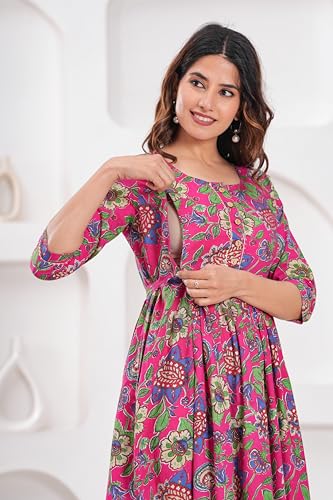 Image of The Moon Star Women's Cotton Floral Printed Anarkali Maternity Feeding Kurti | Breastfeeding Dress for Mothers | Zipper Feeding Kurti,Nursing Kurti, Comfortable and Trendy Maternity Wear