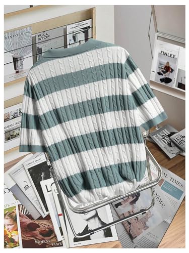 Men's Striped Short Sleeve Sweater Lapel Collar V Neck Colorblock Pullover Sweaters2