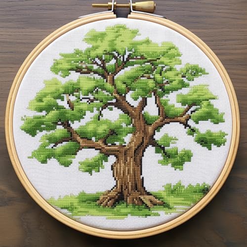 Generic Life Tree 11CT Stamped Cross Stitch Kits Easy for Beginners Child with Hoop DIY Needlepoint Counted Embroidery Kits Art Craft Wall Decor 12x12IN(4)