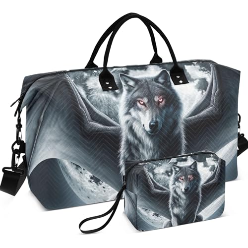 Moon Wolf Dragon Wings Duffle Travel Bag Cosmetic Bags Set of 2, Flower Women Sports Bag Carry on Duffle