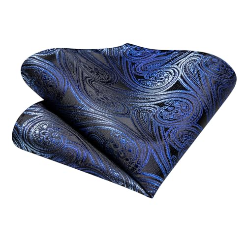 Image of Dubulle Mens Black Blue Paisley Floral Tie for Men Striped Necktie and Pocket Square Cufflinks Set Wedding Business