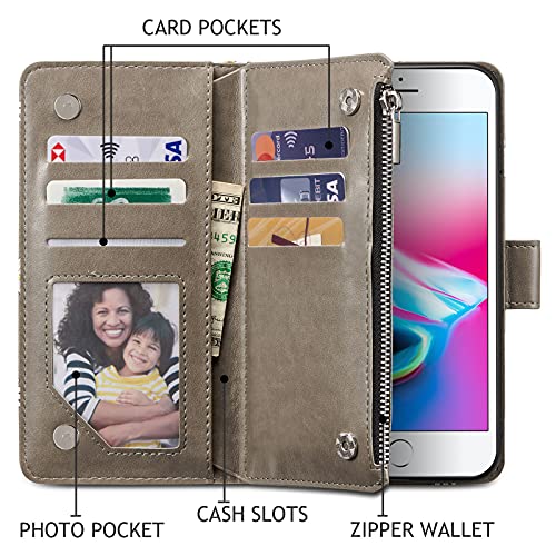 UEEBAI Wallet Case for iPhone SE 2022 5G/iPhone 7/iPhone 8/iPhone SE 2020, Premium PU Leather Pocket Magnetic Handbag Zipper Cover Kickstand Card Slots Flip Case for iPhone SE3/SE2 - Daisy Grey