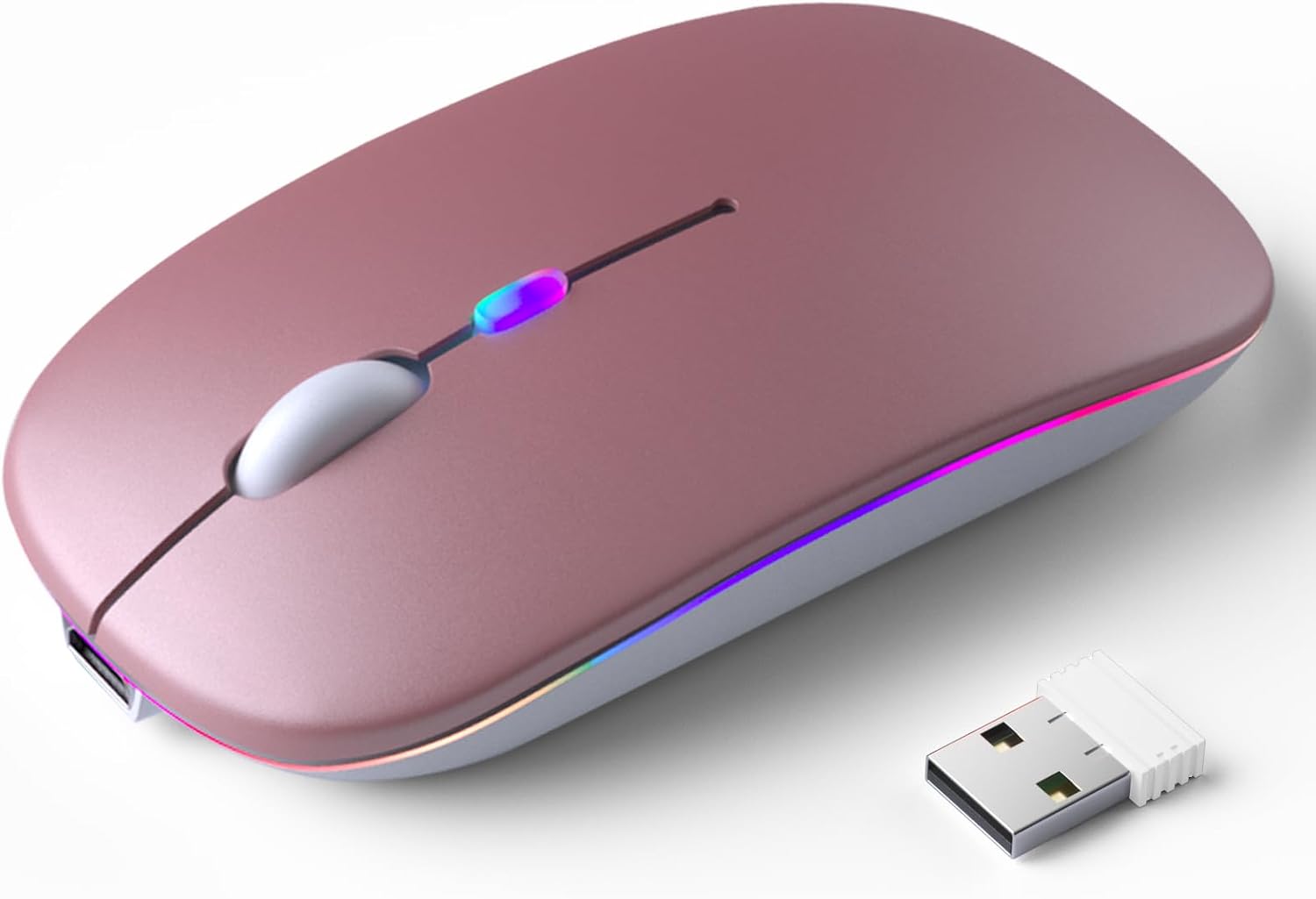 Wireless Bluetooth Mouse – Rechargeable, Silent, Dual Mode (Bluetooth 5.2 & USB) with LED Lights – Portable for Laptop, Desktop, & Tablet(Rose Gold)