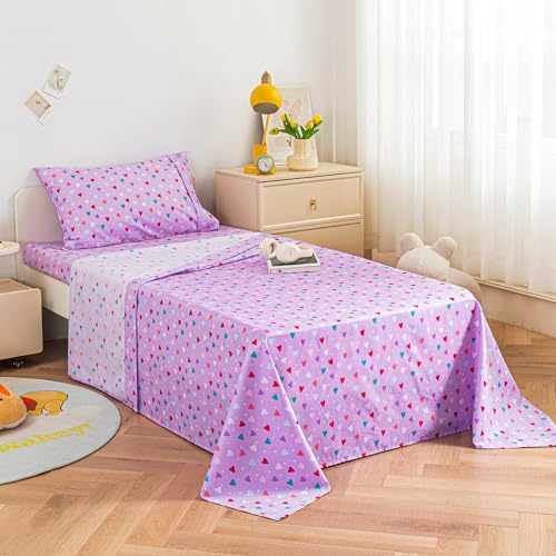 Image of Viviland 4 Pieces Girls Purple Full Sheet Set - Soft Microfiber Fitted Flat Sheets & Pillowcases - Colorful Hearts Printed Bedding Sets - for Kids & Toddlers