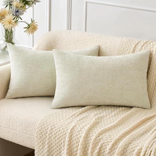 Image of MIULEE Pack of 2 Cream Throw Pillow Covers 12x20 Inch Soft Chenille Lumbar Pillow Covers for Sofa Living Room Spring Home Decor Couch Solid Dyed Cases