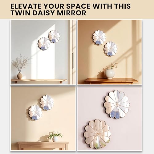 Image of Art Street Bronze Decorative Wall Mirrors 2 Piece Daisy Mirror Set, Floral Petal Design, Compact Size, Wall-Mount Ready, Accent Mirrors for Living Room, Bedroom, or Entryway 24x24 cm