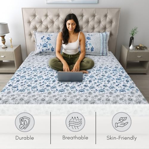 Image of Mafatlal 186 TC Spring Glory Cotton Bedsheet King Size | 108 x 108 Inches | Summer Breathable Fabric Bed Cover for Comfortable Sleep | Premium Bedding with 2 Pillow Covers | Palace Blue