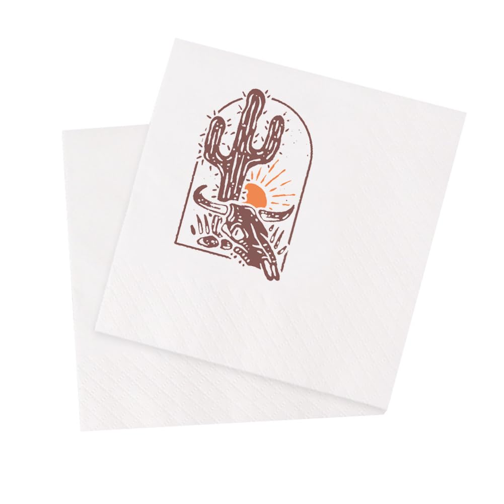 VOWFOO Western Desert Cowboy Bull Skull and Cactus Cocktail Napkins Party Beverage Bar Disposable Paper Napkins 100Pcs 4.5 x 4.5 2-ply (Western Desert