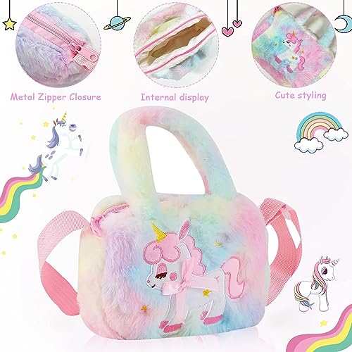 Image of SANNIDHI Unicorn Crossbody Bag with Jewelry Set for Girls, Princess Plush Handbag Purse Beads Necklace Bracelet Earrings Rings and Stickers Set