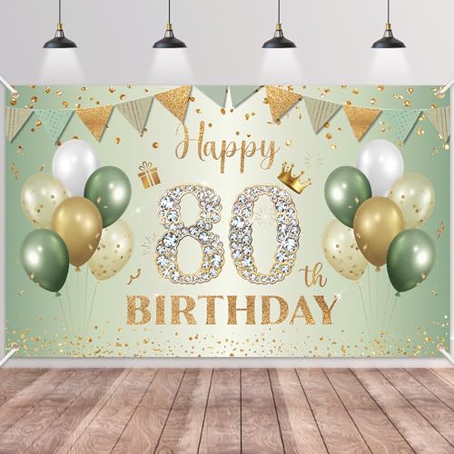 Bannière BTZO de Joyeux 80ème Anniversaire Vert Sauge Or, Backdrop pour Garçons Filles, Décorations Fête 80 Ans, 180×110cm