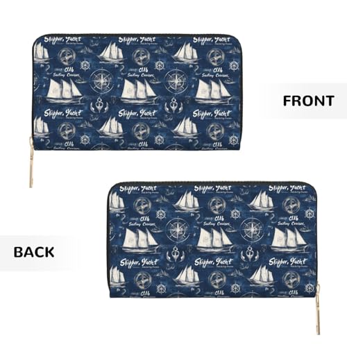 Navy Blue Nautical Pattern Print Wallet Women Men, Long PU Leather Wallets for Women, Cute Womens Travel Wallet Purse Pouch with Zipper Pocket2