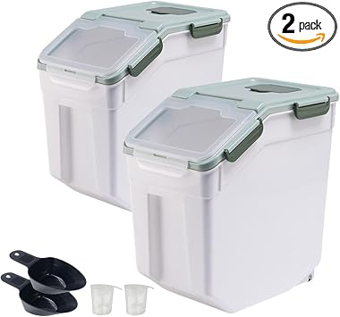 Rice Storage Container 25 lbs, 2 Packs Large Flour Storage Containers with Seal Locking Lid & Wheels, BPA Free Rice Dispenser, Measuring Cup | Scoop, for Sugar Cereal Dry Food, Dog Pet Food Bin -Green