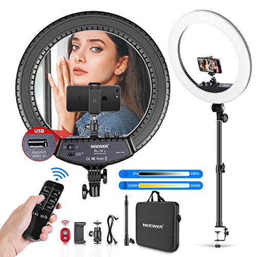 Neewer 18-inch LED Ring Light with Tabletop Light Stand and 2.4G Wireless Remote, 55W 3200K-5500K Ringlight with Soft Tube/Phone Holder/Ball Head for Vlog/Selfie/Video Shooting, Support USB Charge