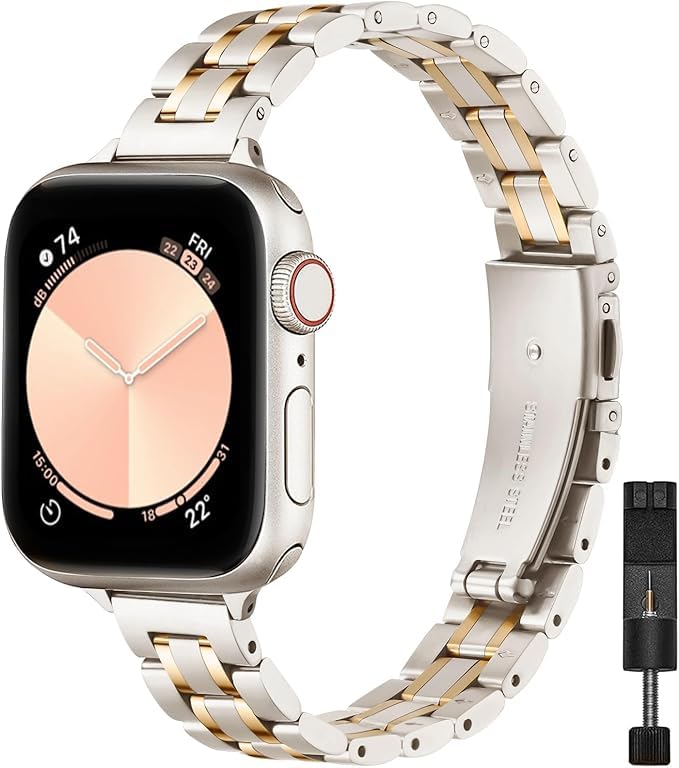 Image of STIROLL Thin Replacement Band Compatible for Apple Watch 49mm 46mm 45mm 44mm 42mm(Series 3 2 1), Stainless Steel Metal Wristband Women Men for iWatch Ultra SE Series 11 10 9 8 7 6 5 4, Starlight Gold