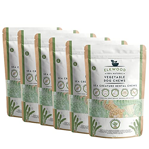 Elkwood Healthy Natural Dog Treats - Low Fat, Low Calorie, Gluten Free Vegetarian Natural Dog Chews - Seaweed Sea Creatures with Active Enzymes - 100g