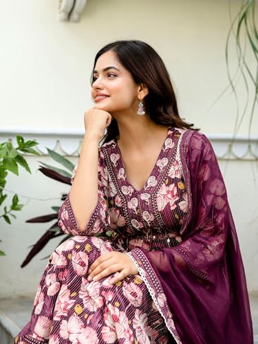 Image of Pure Cotton Anarkali Kurta Set for Women with Dupatta | 3 Piece Cotton Anarkali Suit | Floral Aari Work | Flared Ethnic Wear